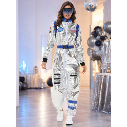 Silver and blue one-piece astronaut costume for cosplay lifestyle view