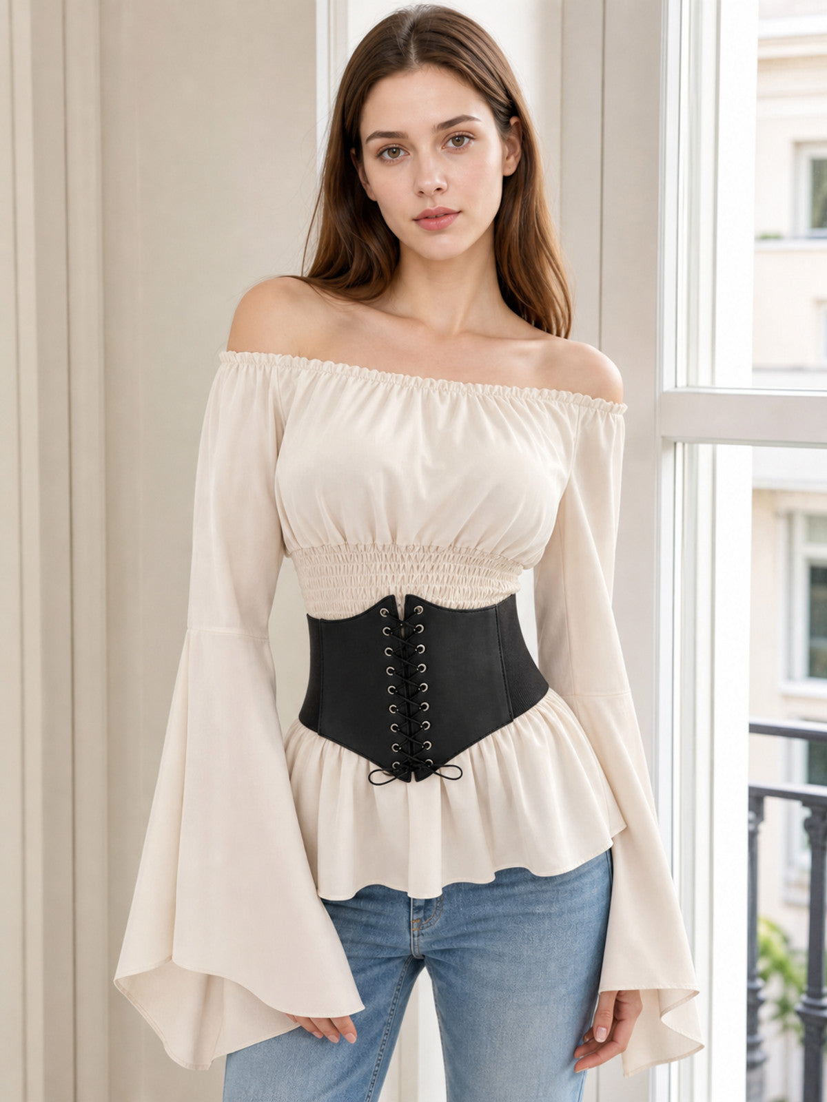 Off-Shoulder Blouse with Corset Belt