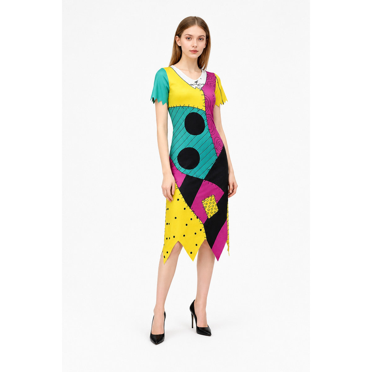 Midi Dress with Geometric Insert and Jagged Hem Costume Dresses detail