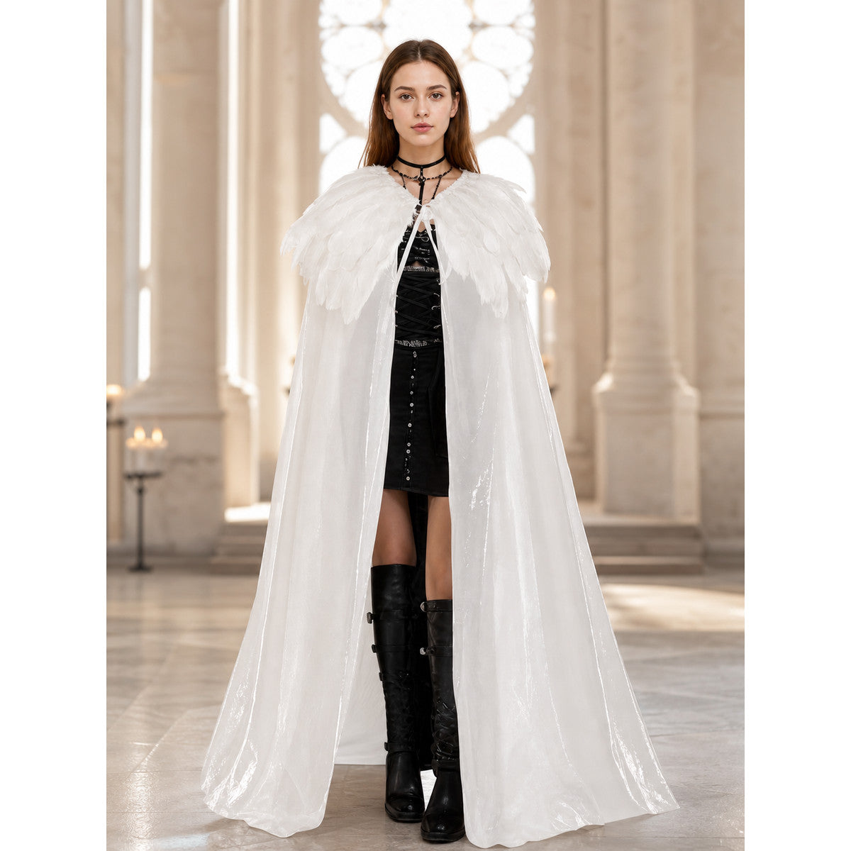 White Velvet Cape with Feather Trim, Maxi lifestyle