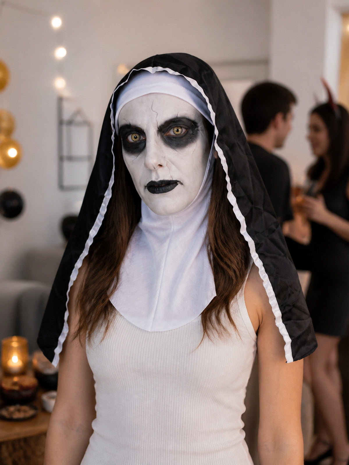Scary Nun Halloween Mask with Black Head Covering lifestyle view
