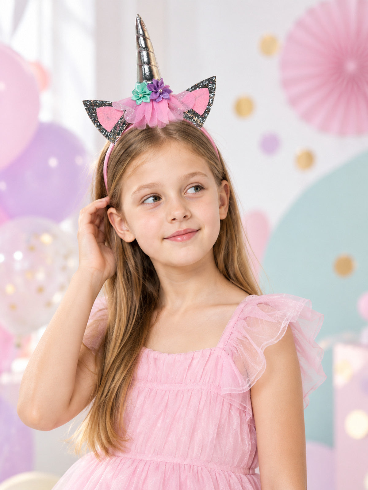 Kids' Unicorn Headband with Silver Horn and Flowers