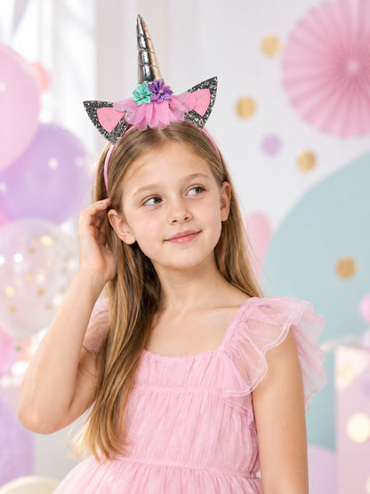 Kids' Unicorn Headband with Silver Horn and Flowers