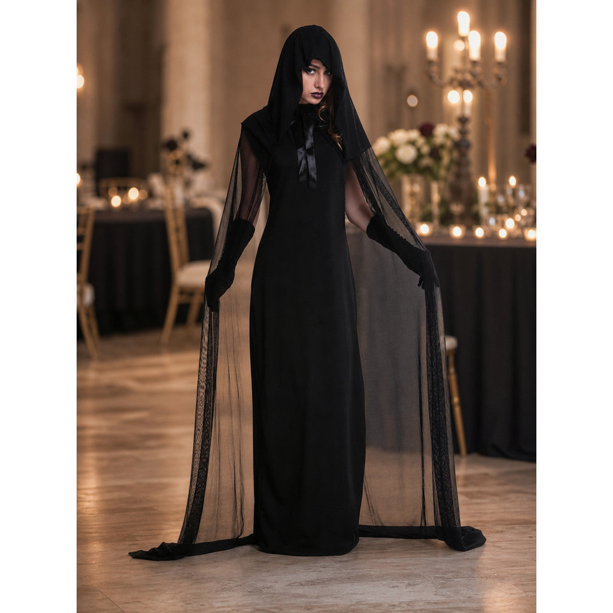 Black Long Hooded Cloak for Carnival