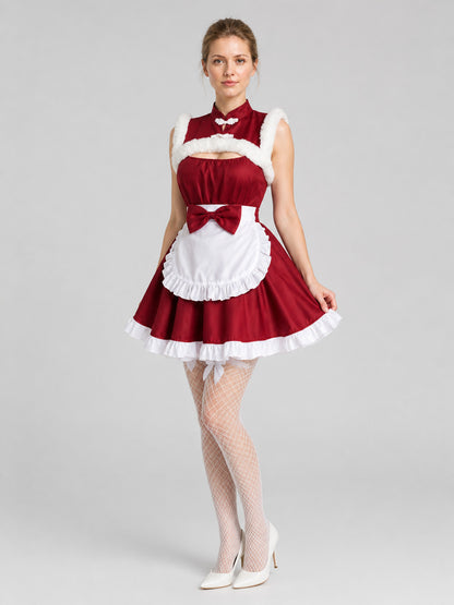 Red and White Christmas Dress with Apron and Bow Costume Dresses detail