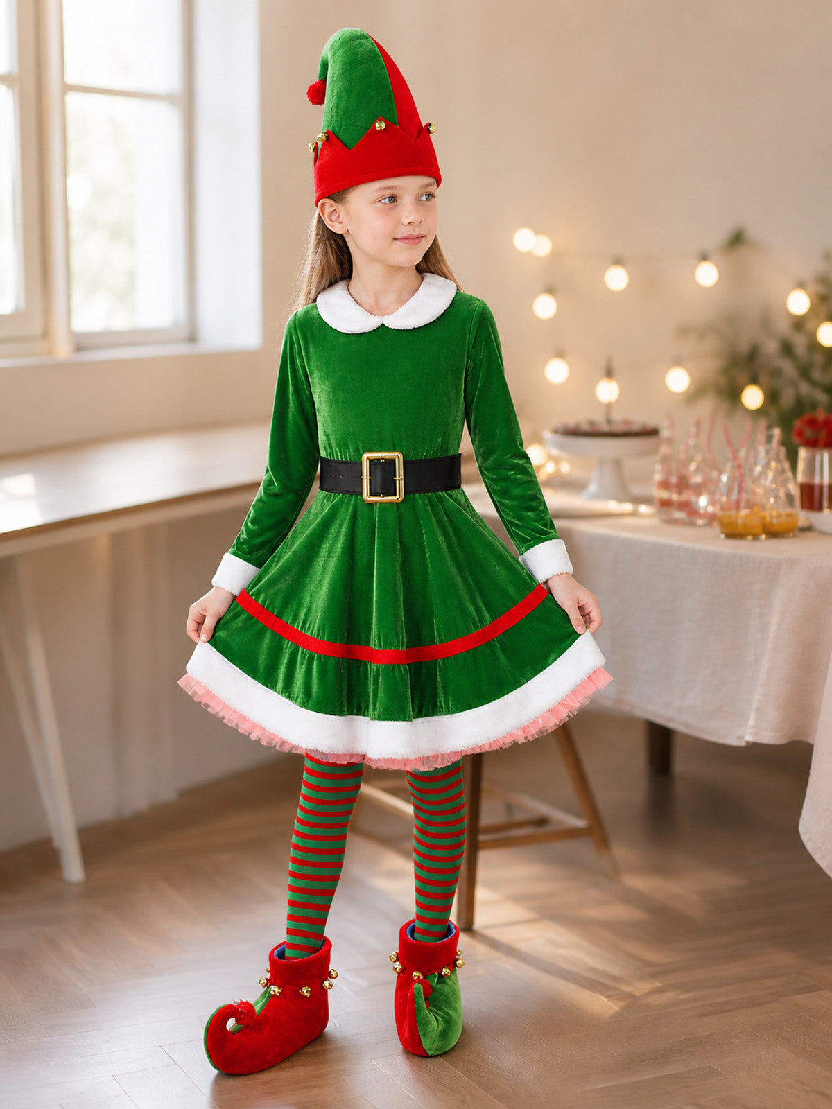Green Elf Carnival Costume Set with Dress and Accessories