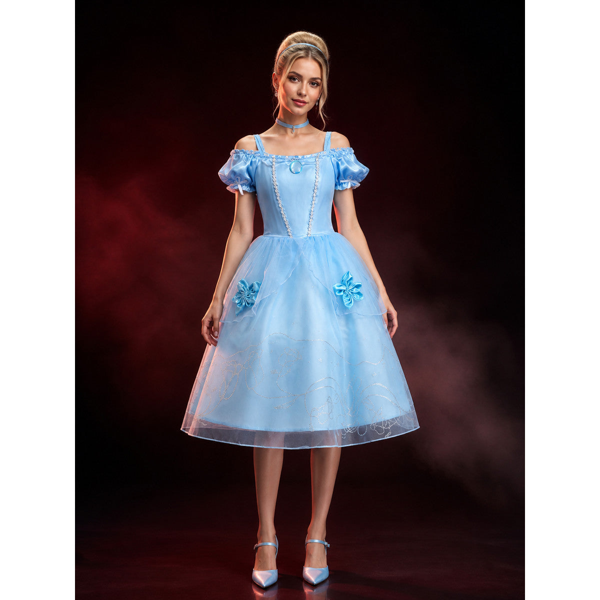 Girls Princess Cosplay Dress Costume, Light Blue Puffy Sleeve Tutu with Silver main product view