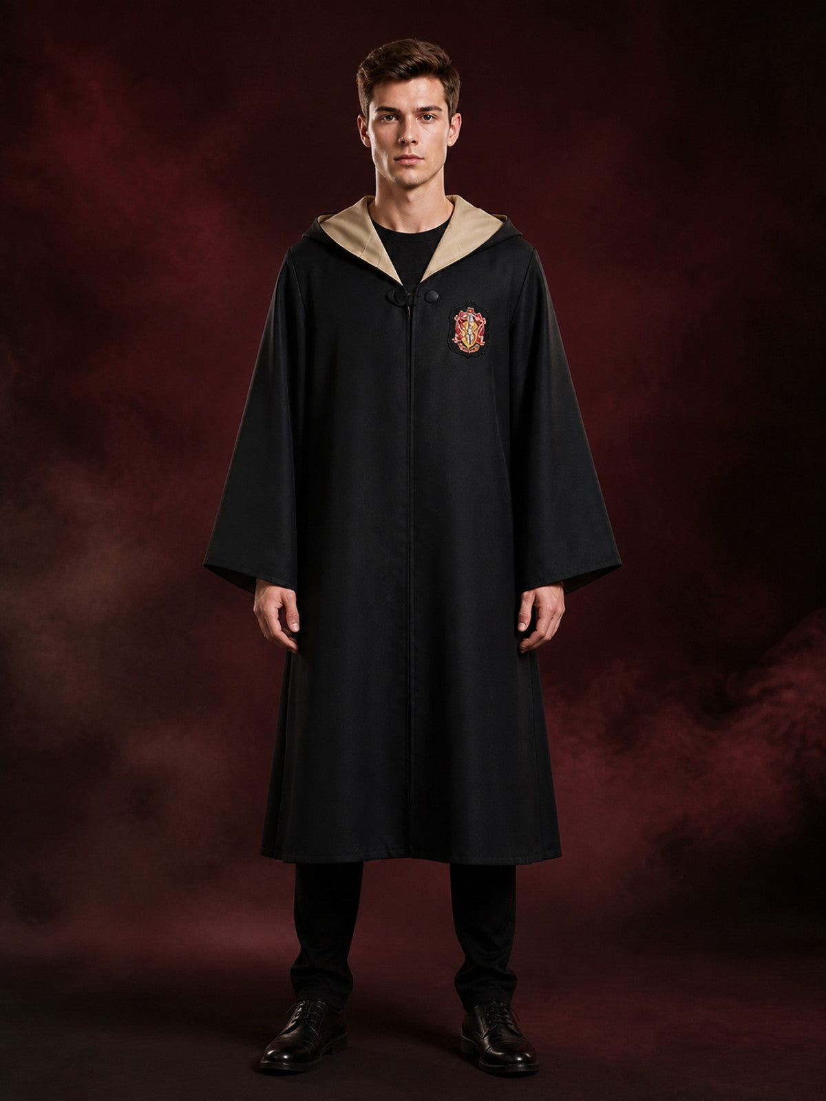 Black Hooded Wizard Robe Costume With Academy Crest, Long Sleeve Halloween main product view