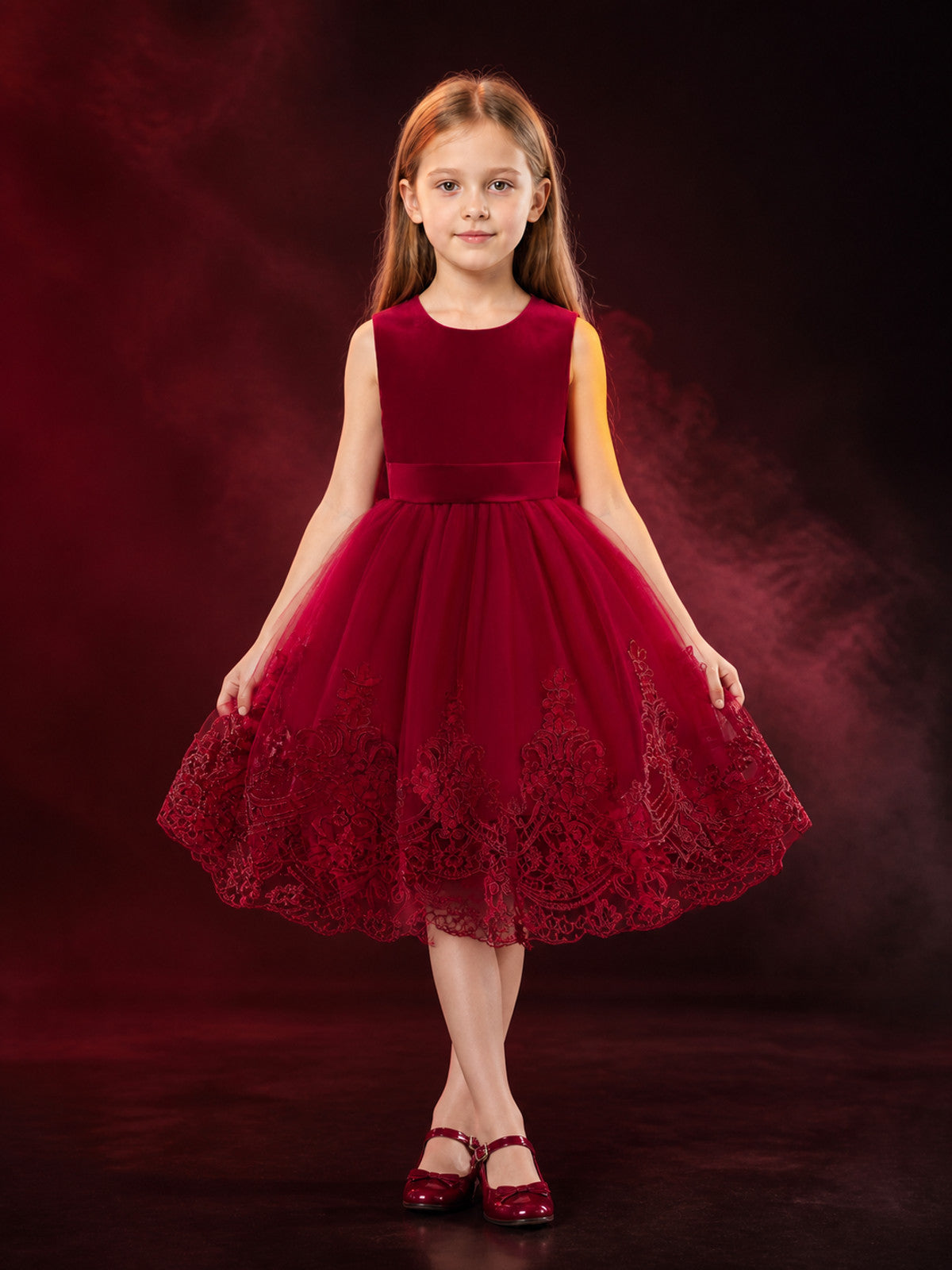 Girls' Burgundy Princess Dress with Lace Train, Layered Tulle Skirt and Waist main product view