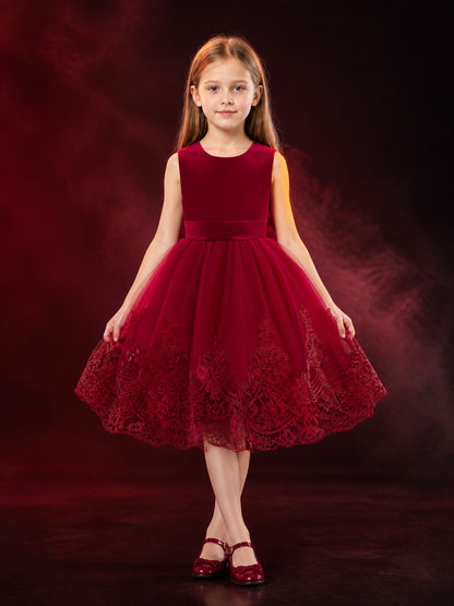 Girls' Burgundy Princess Dress with Lace Train, Layered Tulle Skirt and Waist main product view