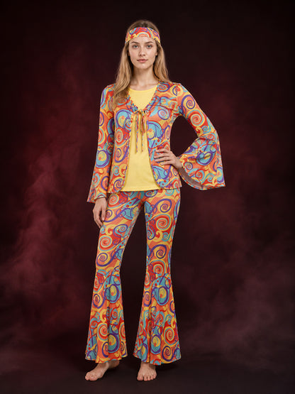 70s Hippie Disco Jumpsuit with Colorful Print for Parties main product view