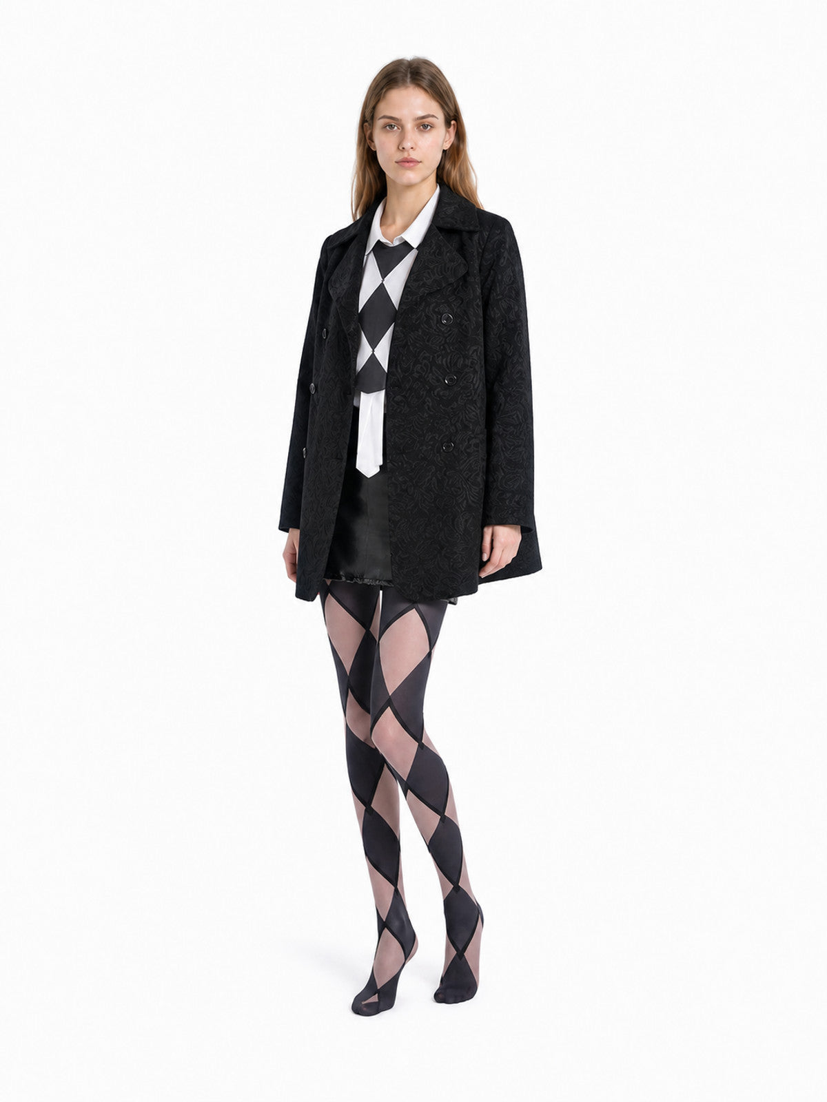 Costume Set with Coat, Blouse, Skirt, and Diamond-Pattern Knee-High Socks