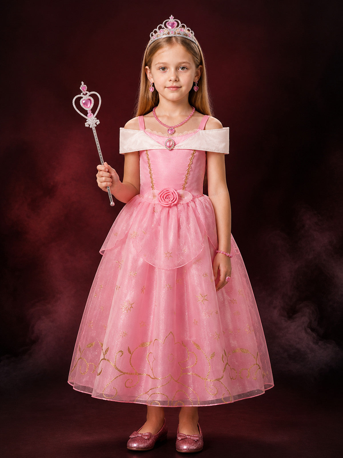 Girls Princess Aurora Dress Costume Set with Crown and Magic Wand, Pink Tutu main product view