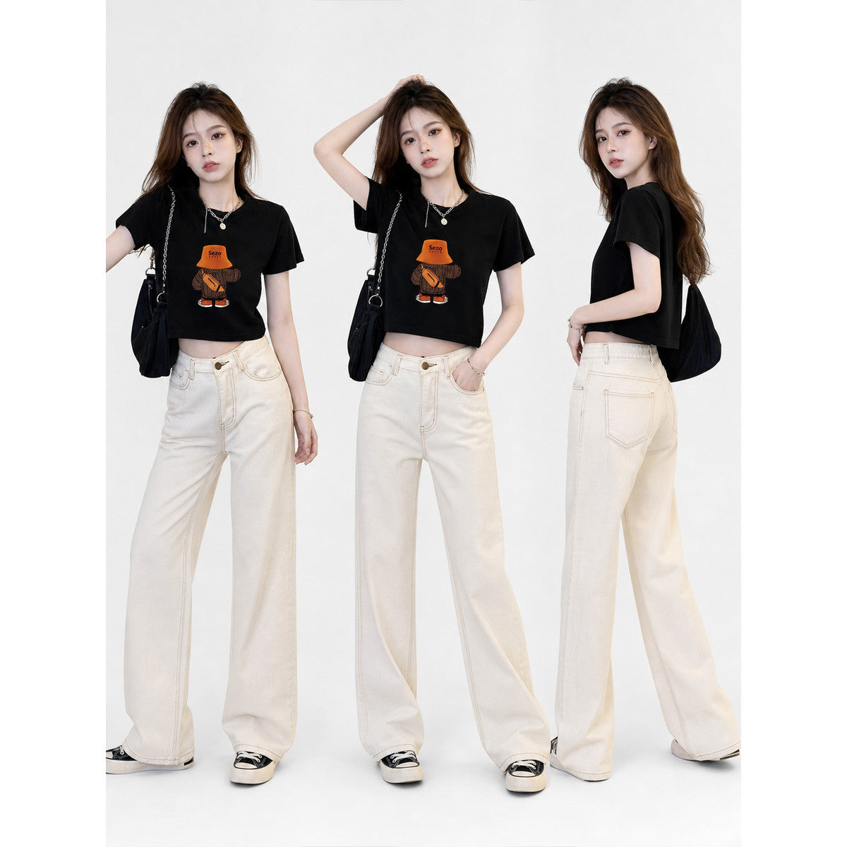 Women's Black Cropped Printed T-Shirt lifestyle view
