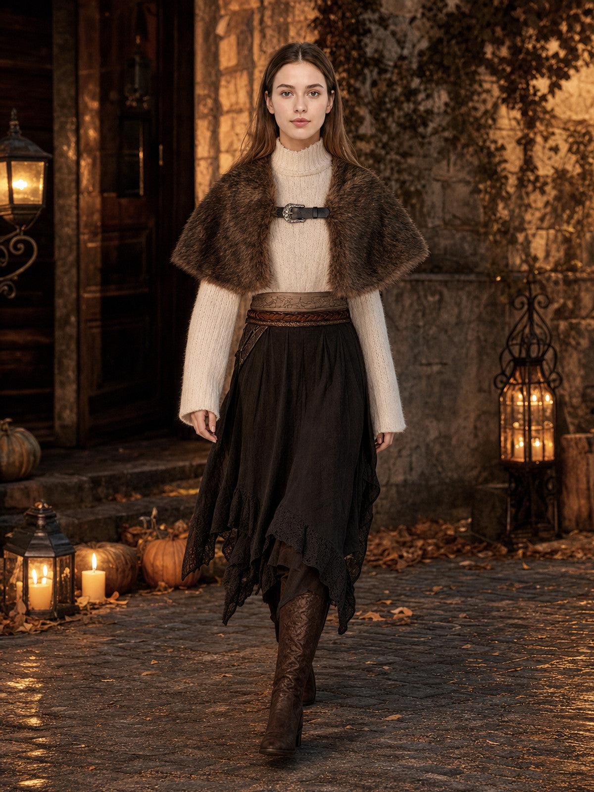 Full-body model wearing a dark brown fur-textured shoulder shawl with a front buckle over a cream sweater and black skirt