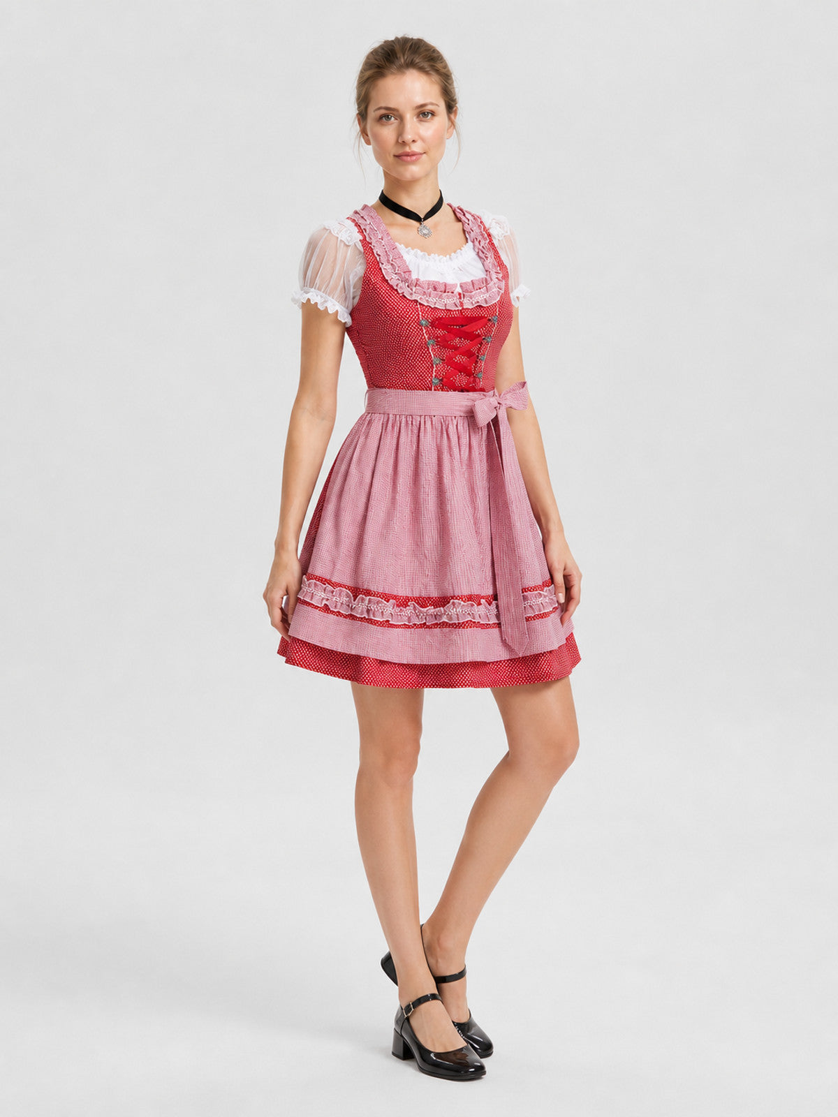 Bavarian Oktoberfest Dress Costume, Red and Pink