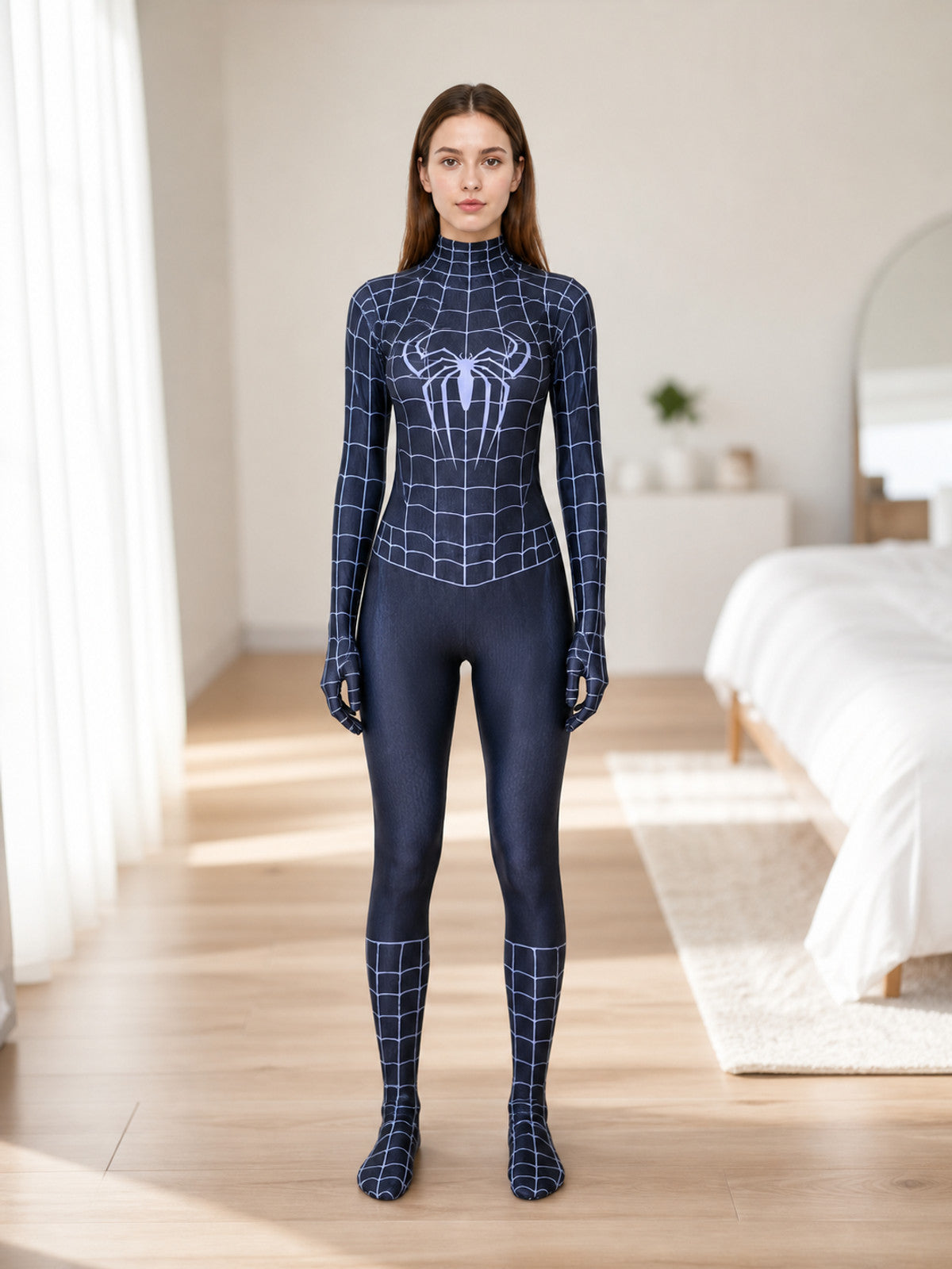 Black Superhero Costume with Mask and Web Pattern lifestyle view
