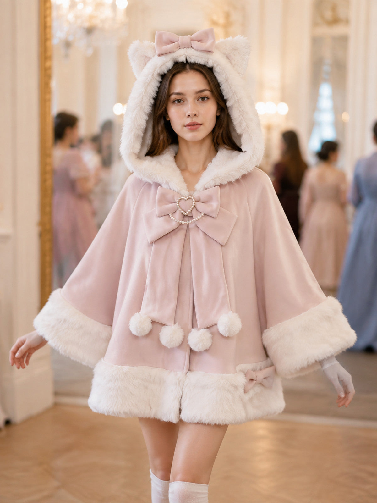 Soft Pink Hooded Cape with Bows and Ears lifestyle view