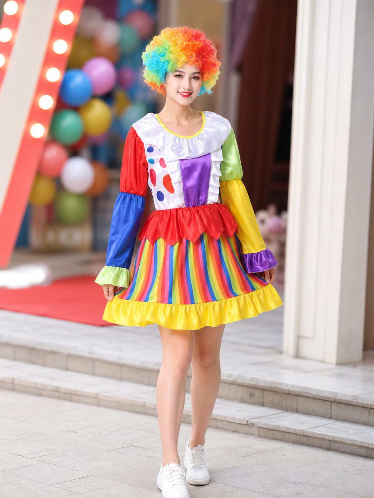 Clown Carnival Dress Costume with Rainbow Stripes lifestyle view