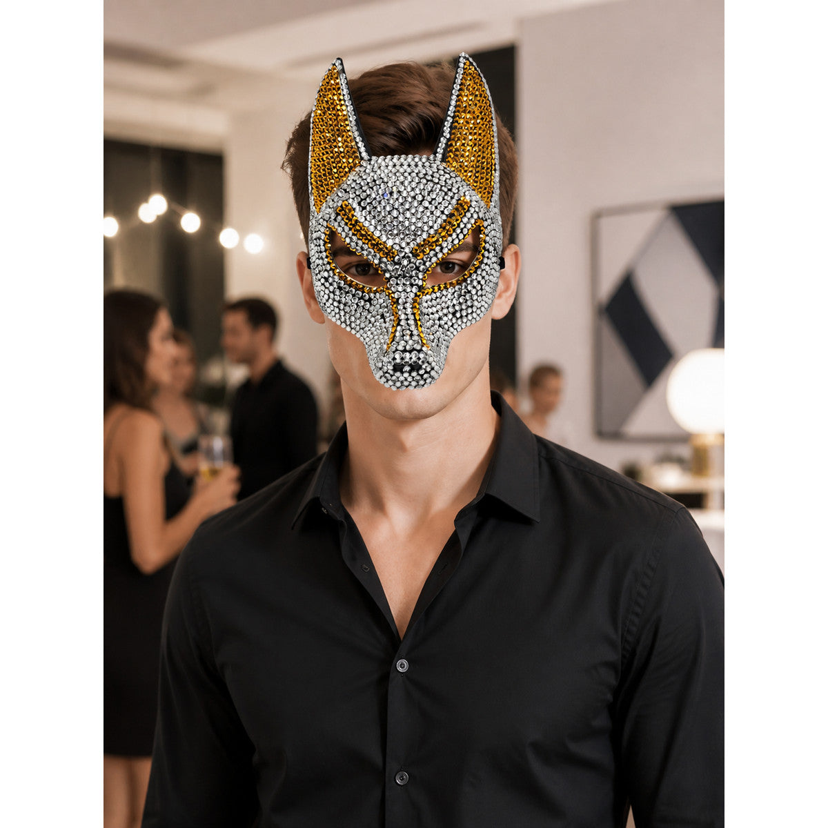 Silver-and-gold wolf carnival mask for Halloween