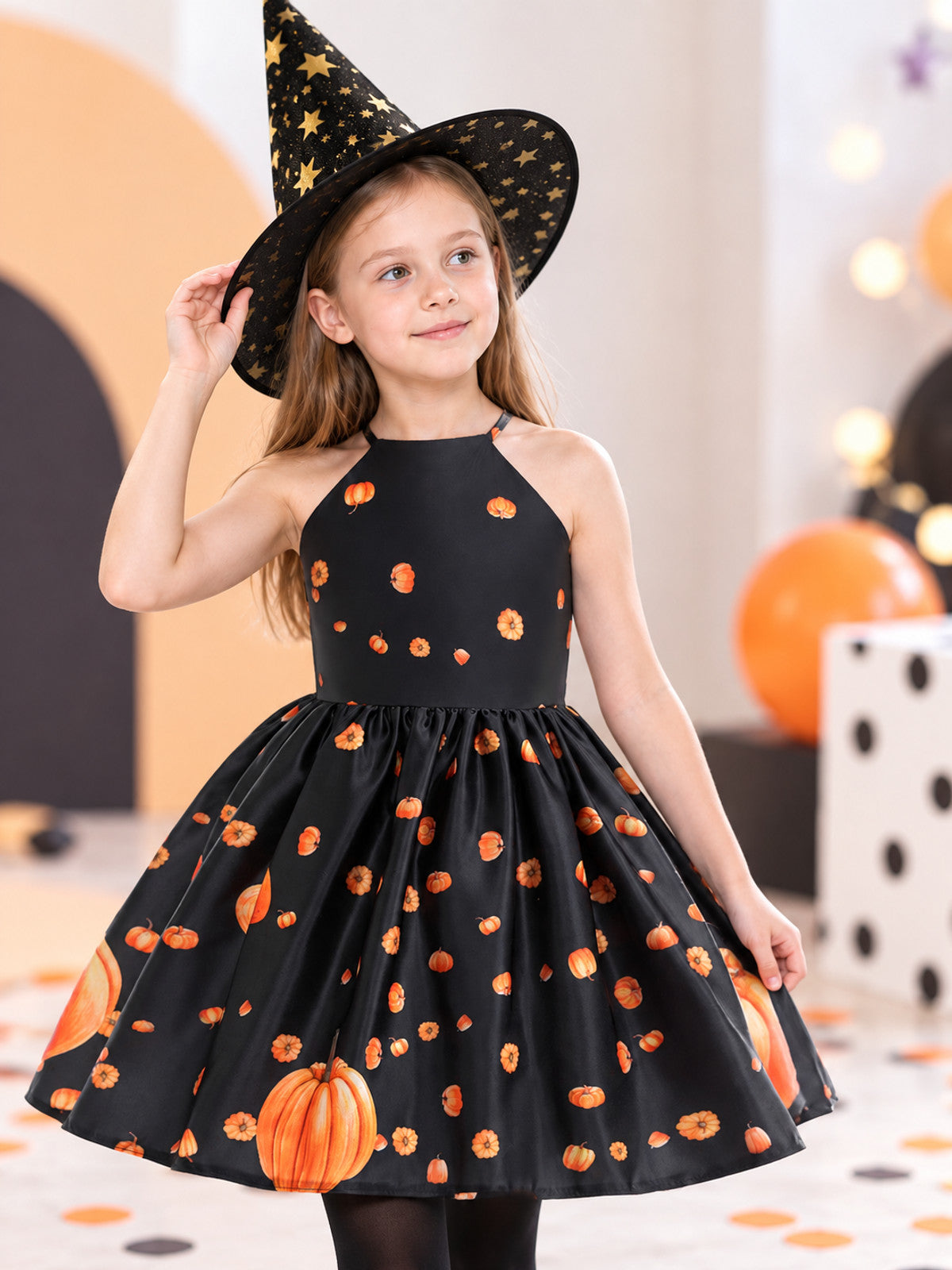 Kids' costume dress with pumpkin print and black hat