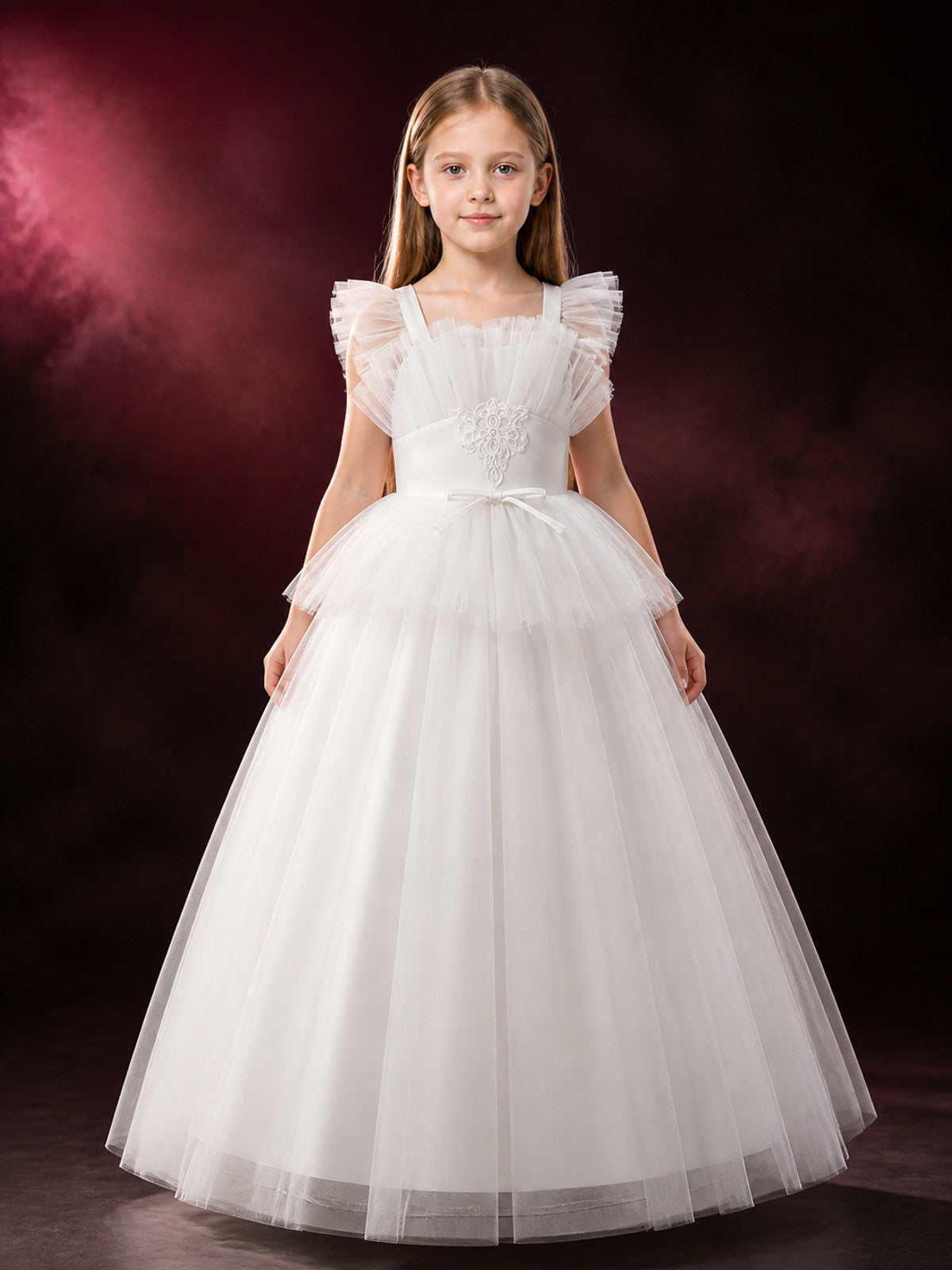 Girls' White Princess Formal Dress, Layered Tulle Ruffles, Rhinestone Flower and main product view