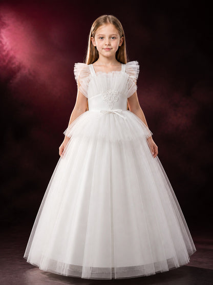 Girls' White Princess Formal Dress, Layered Tulle Ruffles, Rhinestone Flower and main product view