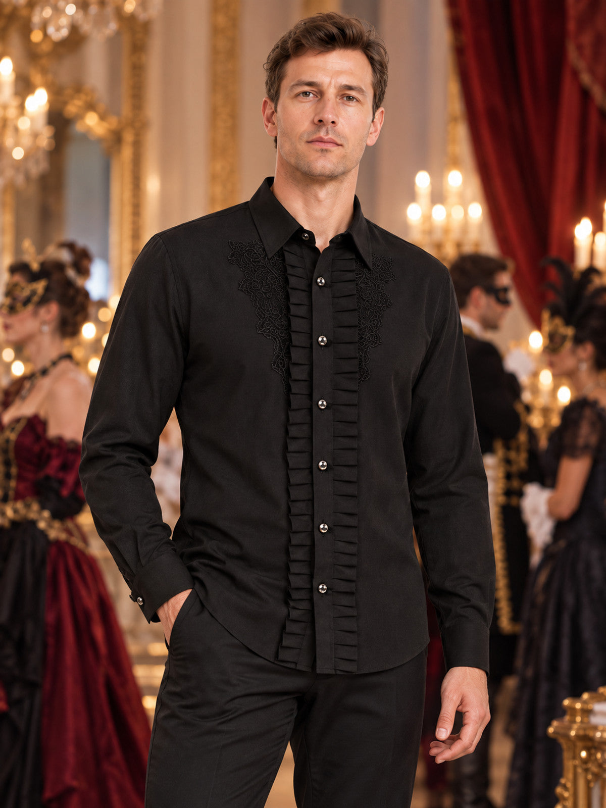 Black long-sleeve shirt with lace trim
