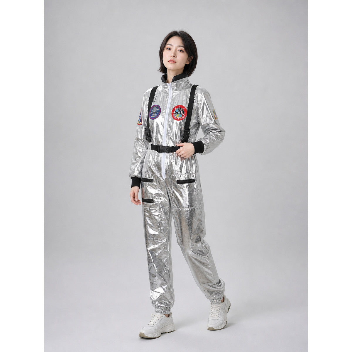 Silver astronaut costume with pockets and emblems
