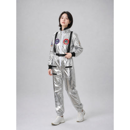 Silver astronaut costume with pockets and emblems