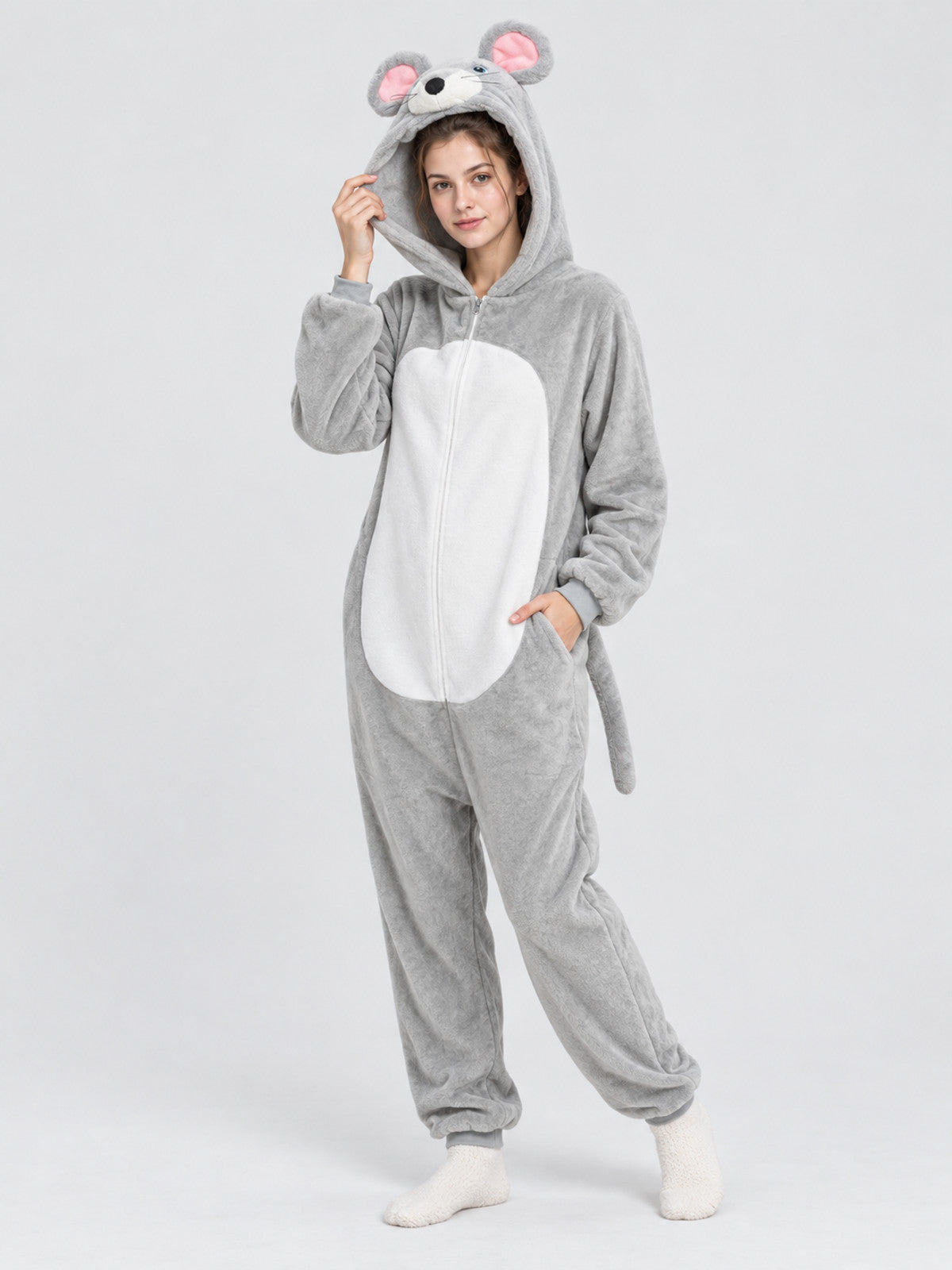 Gray Fleece Hooded Mouse Pajama Jumpsuit