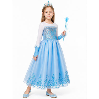 Blue Girls' Dress with Sequins and Crown Costume Dresses detail