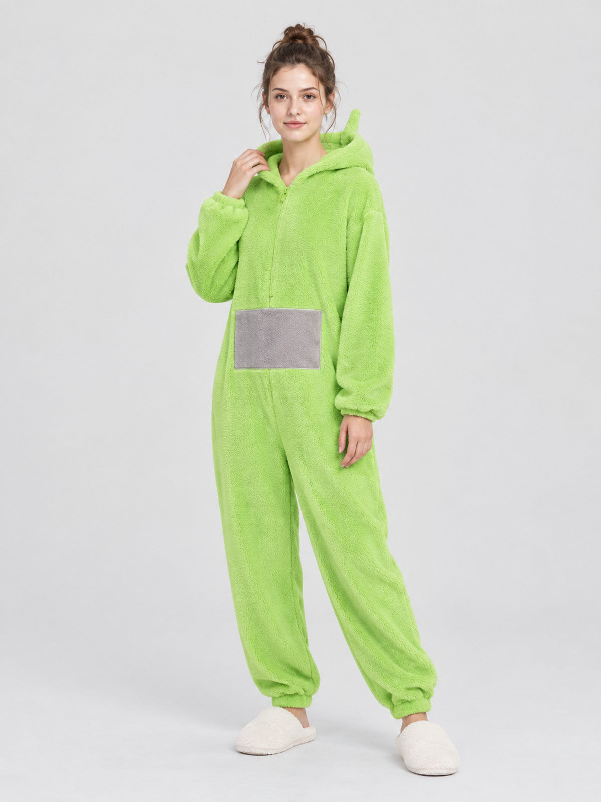 Light green insulated hooded pajama jumpsuit