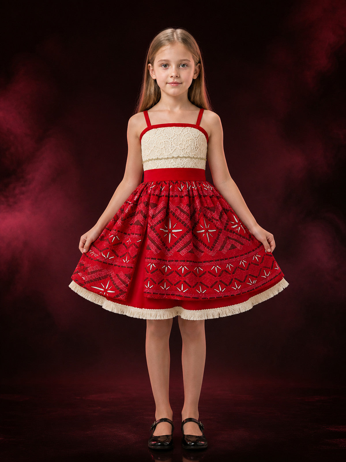 Girls' Princess Dress Costume, Red Geometric Print Lace Bodice Party Outfit With main product view