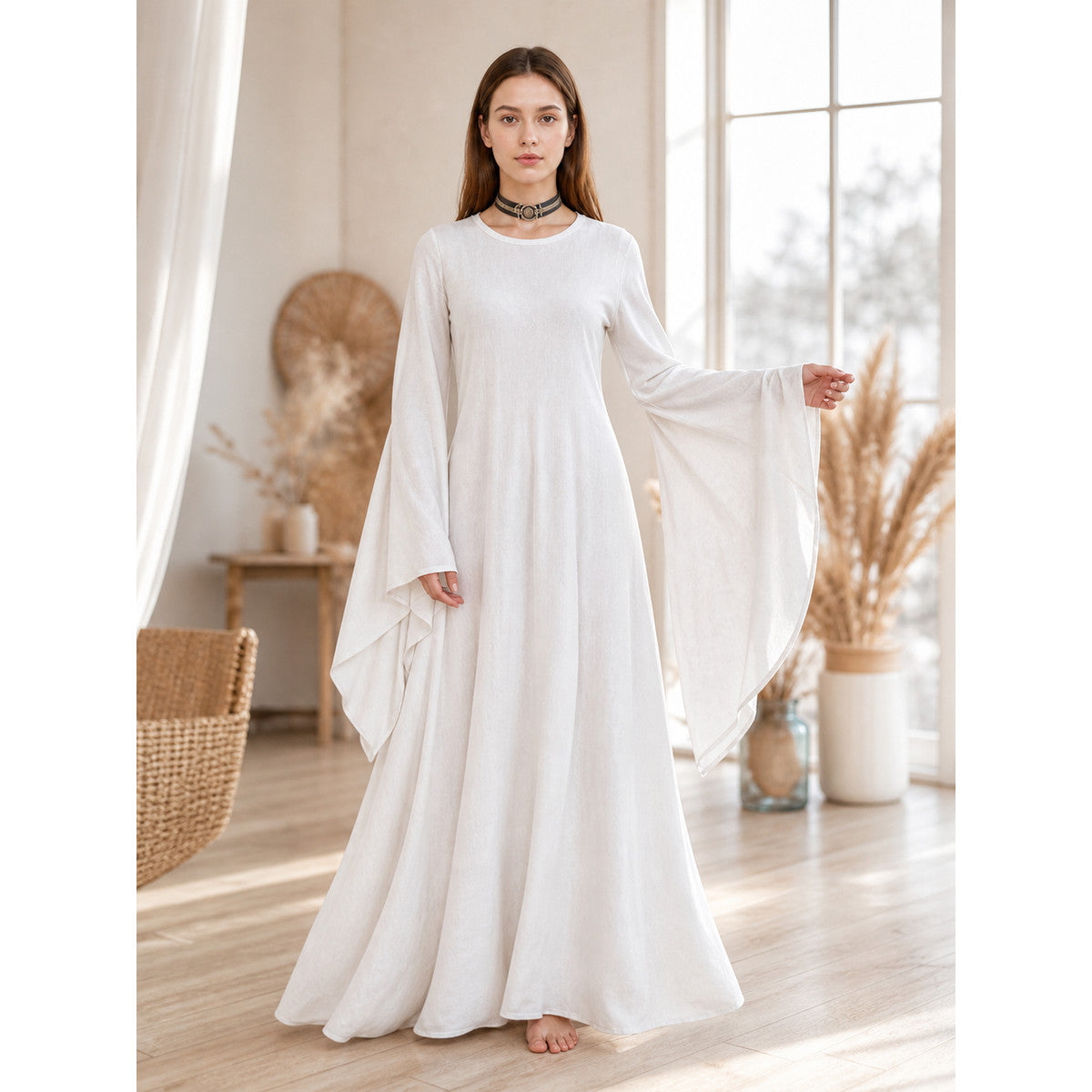 White Boho Maxi Dress with Belt and Flared Sleeves lifestyle
