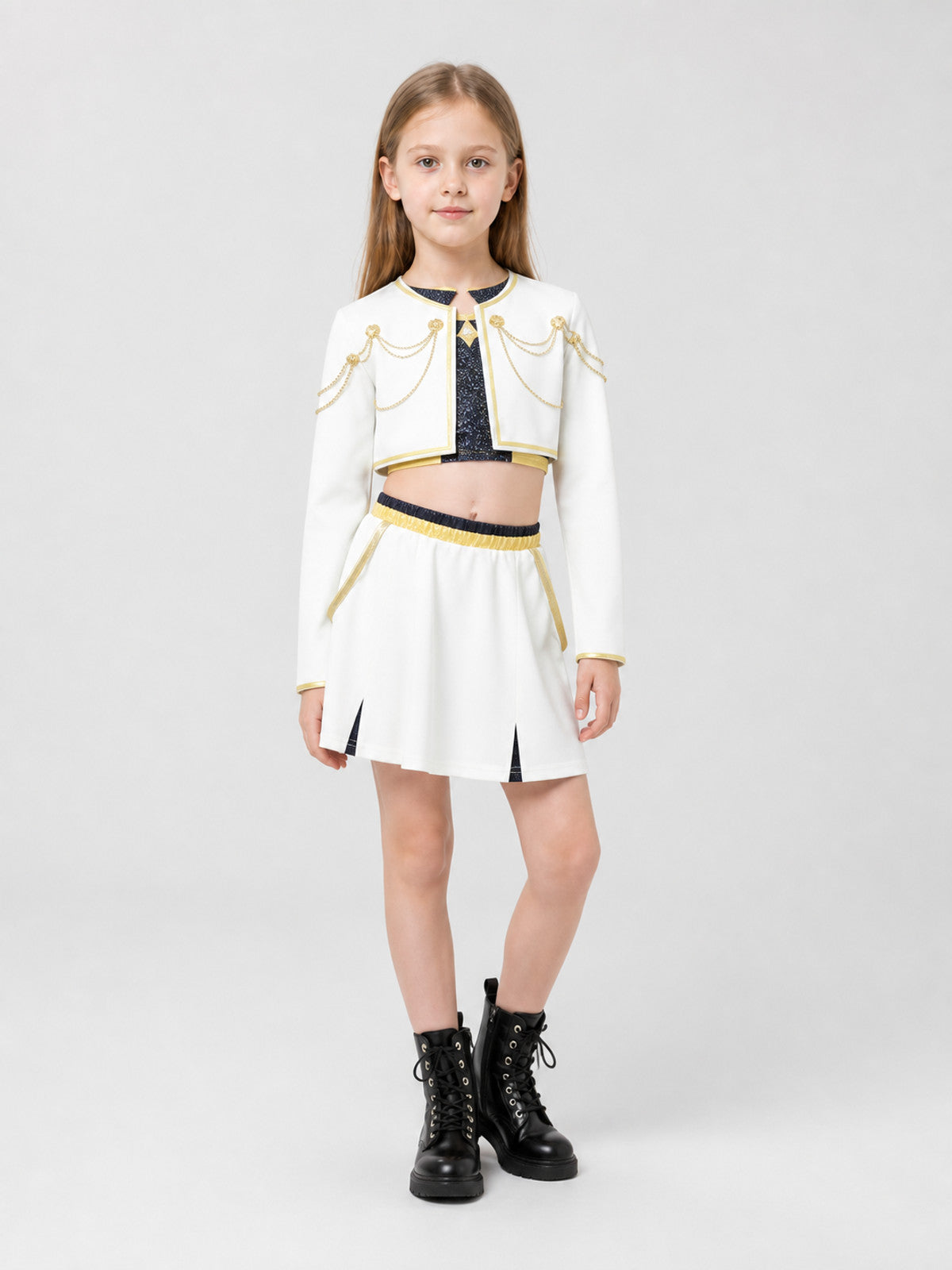 Children’s stage costume, white, black, and gold, 3 pieces product detail