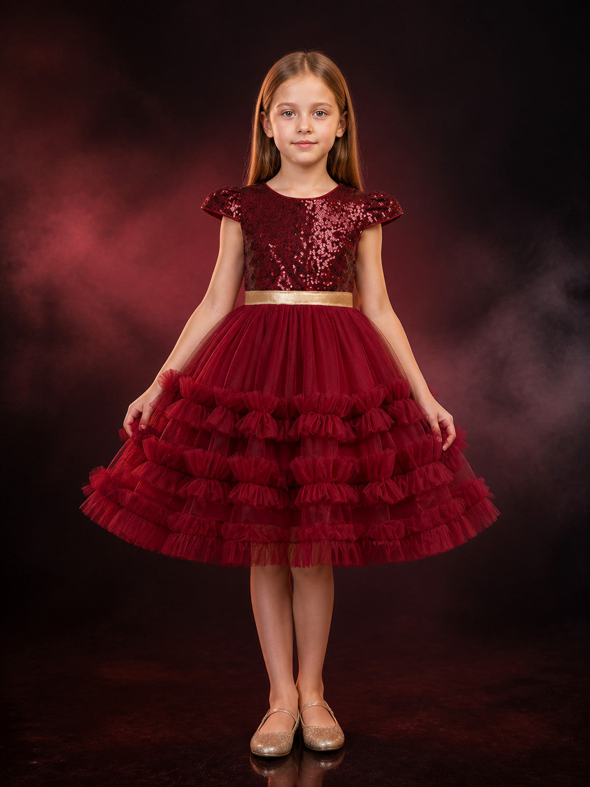Girls' Dark Red Sequin Princess Dress with Layered Tulle Skirt and Puff Sleeves main product view