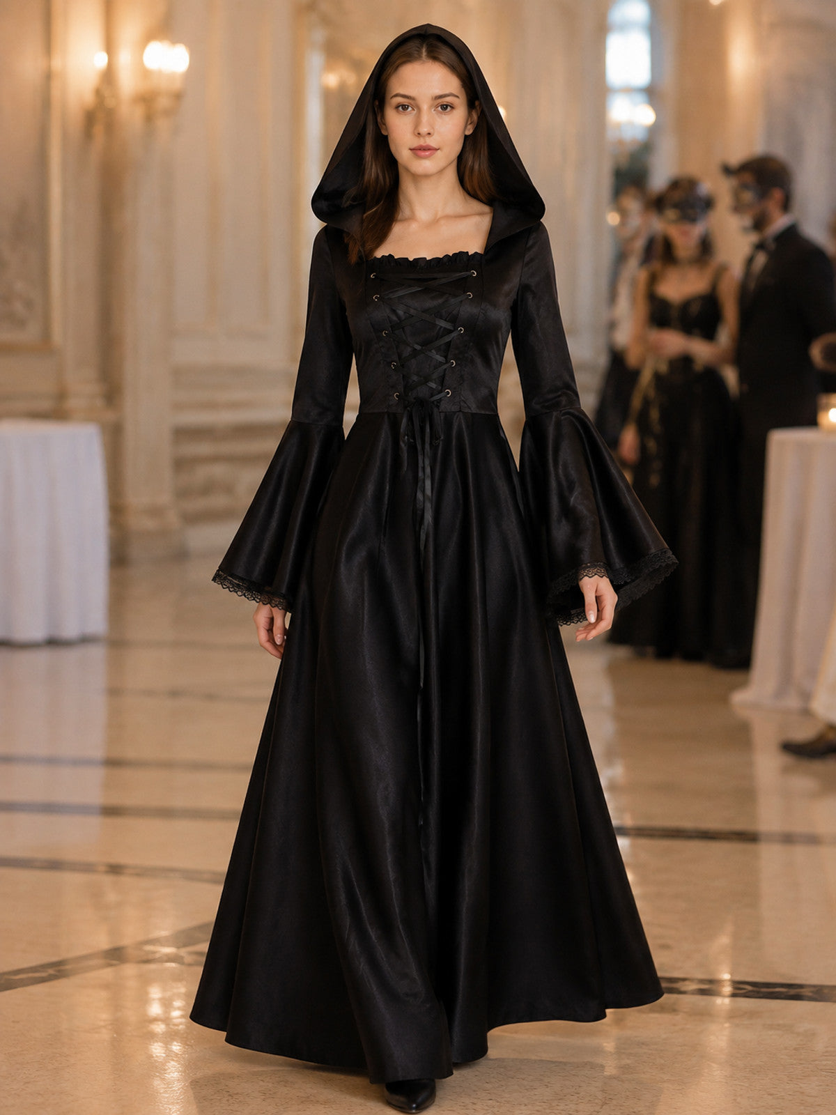 Long Gothic Hooded Lace-Up Dress lifestyle view