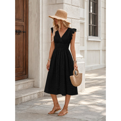 Women's Black Summer Midi Dress with V-Neckline