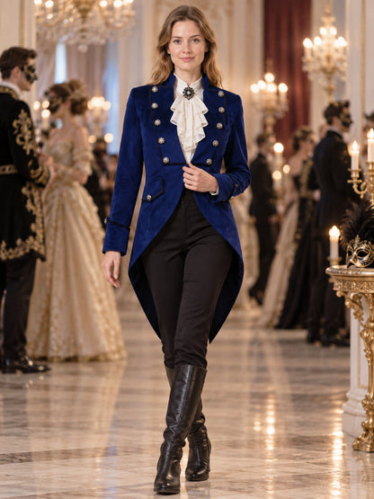 Blue long tailcoat with a stand collar and buttons