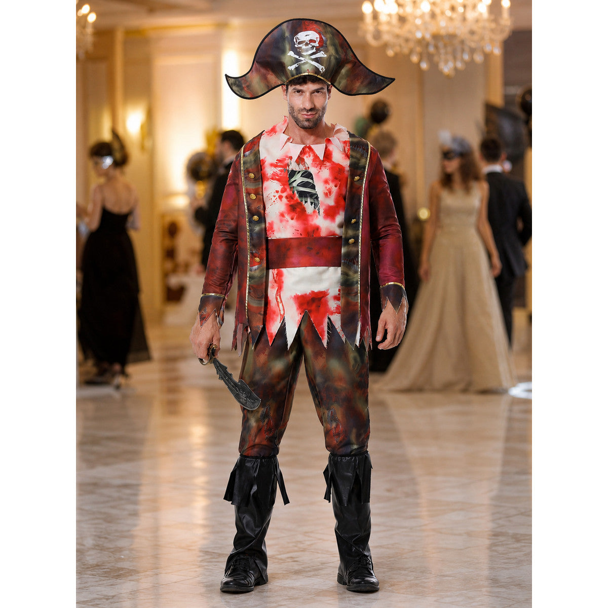 The set features a pirate-style design and includes a one-piece costume with long sleeves and pants, a wide-brim pirate hat, and a black curved blade-shaped accessory. The design combines brown, white, red, and black colors. The front featu
