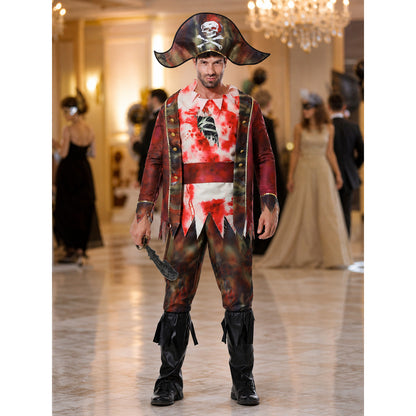 The set features a pirate-style design and includes a one-piece costume with long sleeves and pants, a wide-brim pirate hat, and a black curved blade-shaped accessory. The design combines brown, white, red, and black colors. The front featu