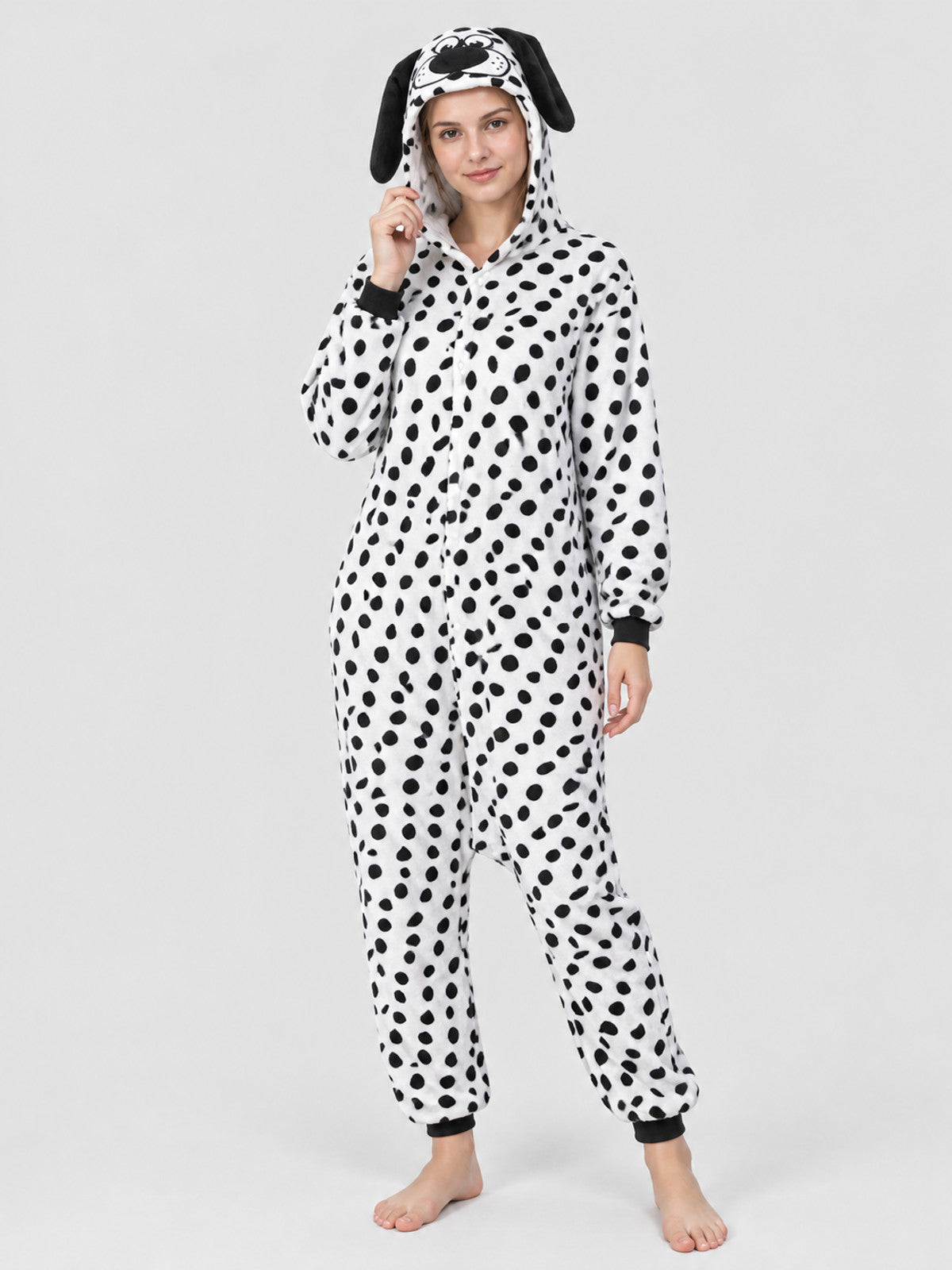 Pajama Jumpsuit with Dog-Face Hood and Black Spots