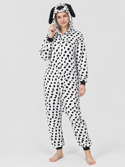 Pajama Jumpsuit with Dog-Face Hood and Black Spots