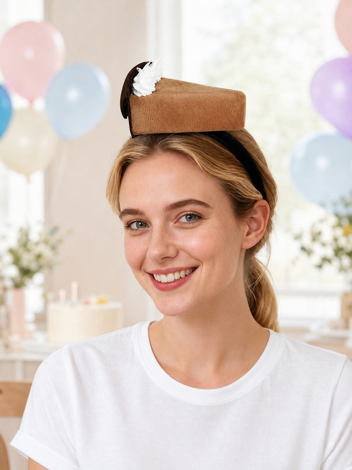 Brown textured dessert-shaped headband with white cream and dark brown detail, shown on a model in a decorated room