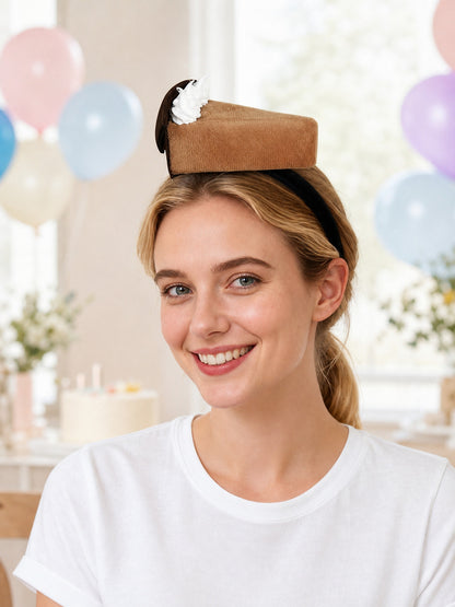 Brown textured dessert-shaped headband with white cream and dark brown detail, shown on a model in a decorated room