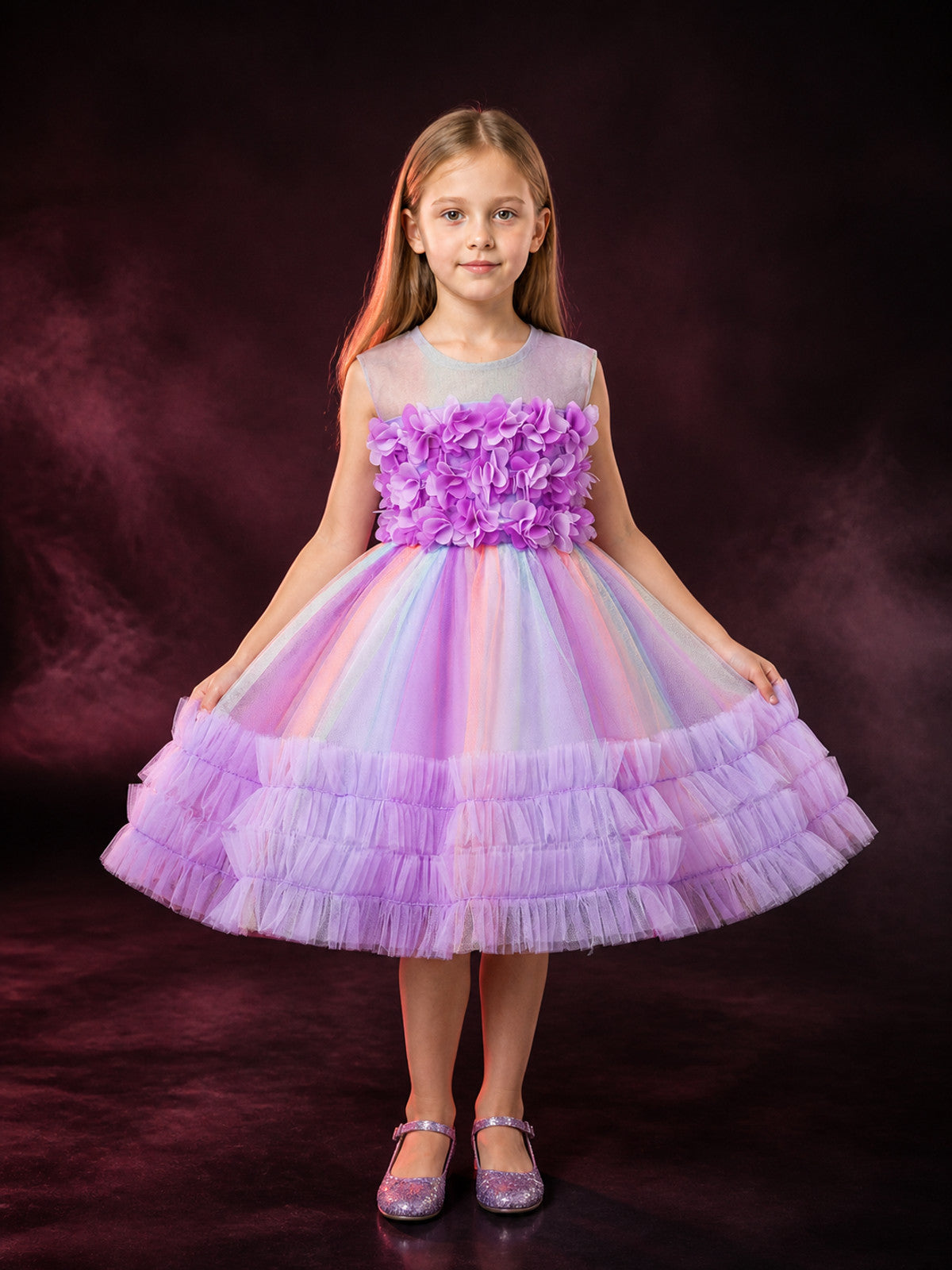 Toddler Girls' Multicolor Princess Dress with 3D Floral Ruffles main product view