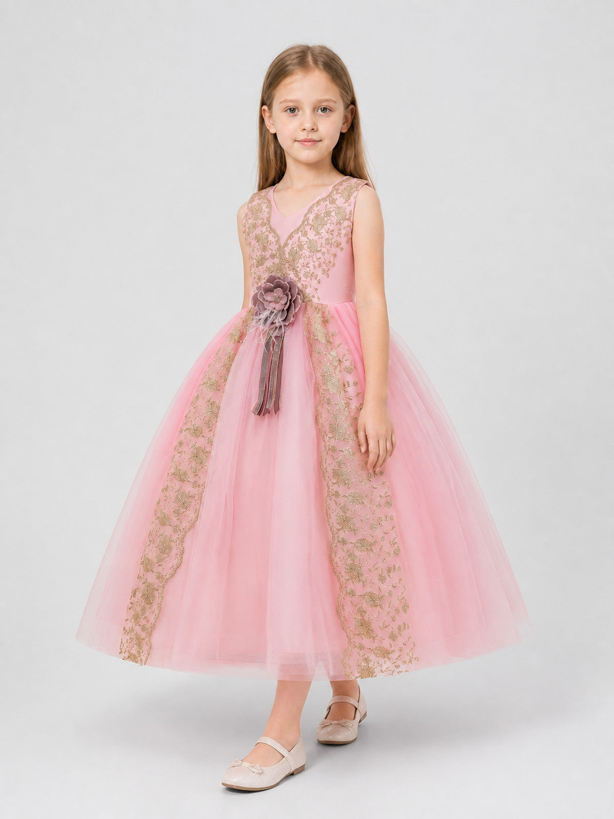 Full Skirt Dress with a V-Neckline and Floral Decoration