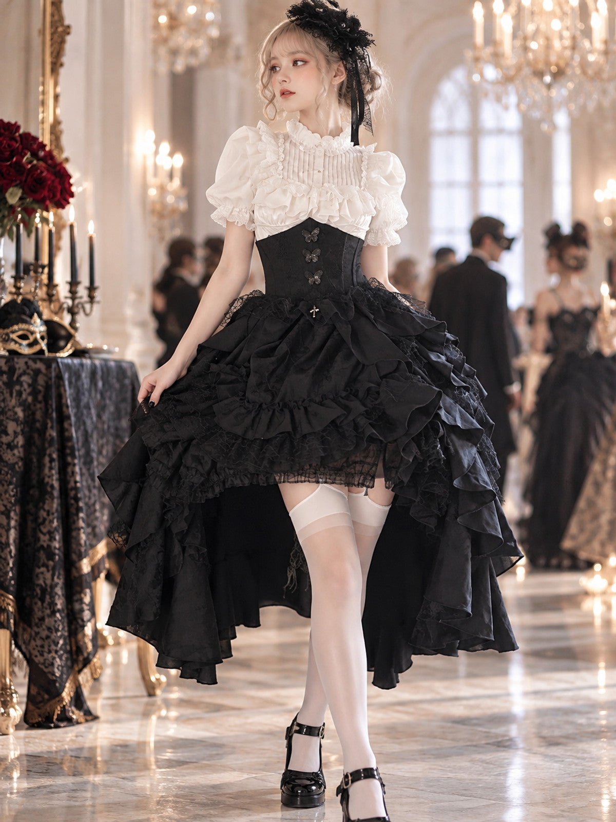 Black Lolita Skirt with Ruffles and Asymmetrical Hem