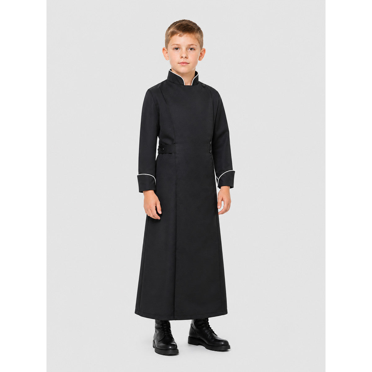 Black Long Cosplay Cassock with White Trim on-model front view